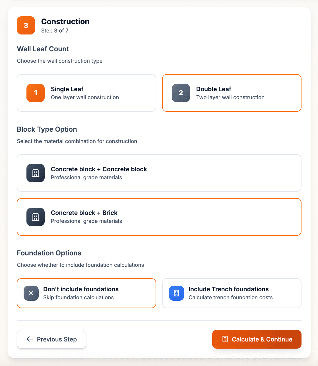 Construction method selection interface