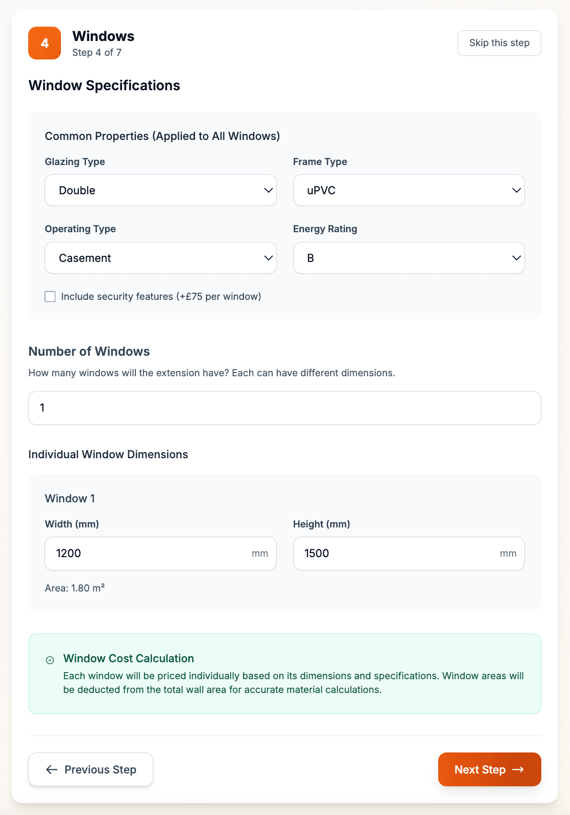 window specification interface