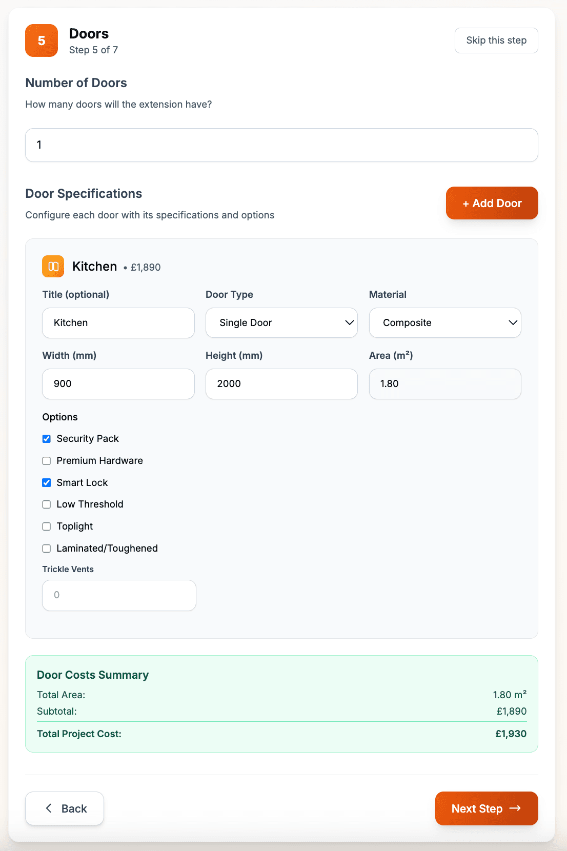 Door specification interface