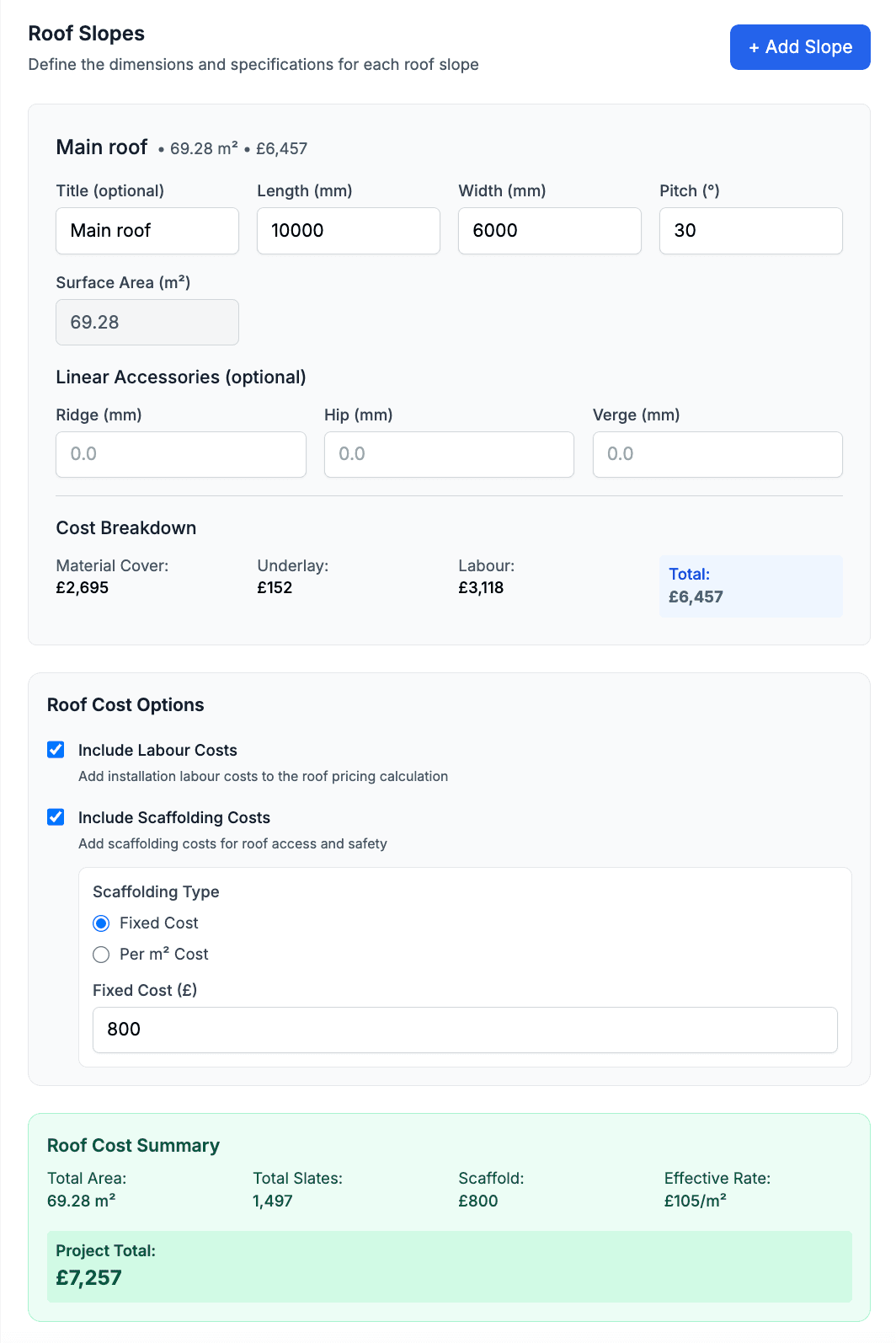 Roofing quantities and costs interface